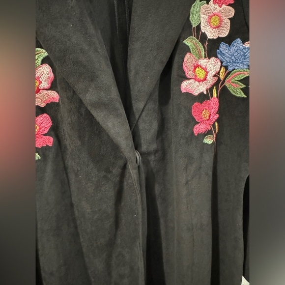 Fig & Viper Black Embroidered Floral Longline Faux Suede Boho Trench Coat Large - Picture 6 of 15